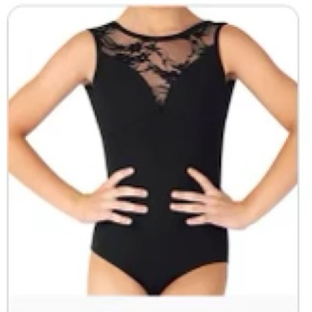 Black leotard - Capezio “Baltogs” - large child size - low back lace detail